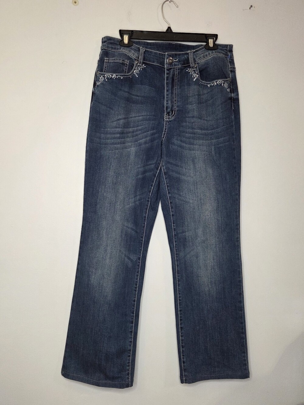 Christopher Banks Women's Blue Denim Jeans with White Floral Embroidery, Size 10